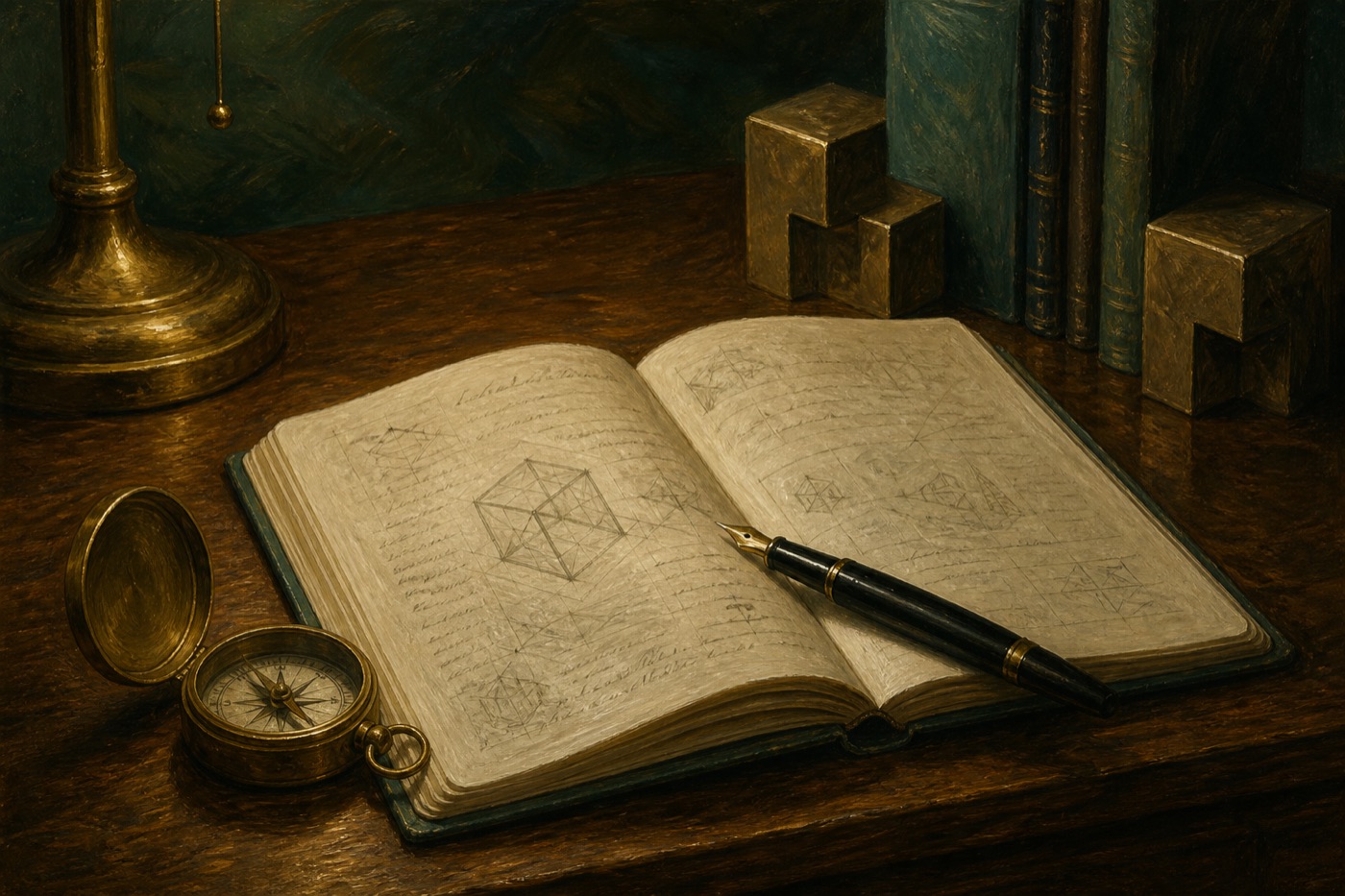 Notebook, pen, and compass on a wooden desk