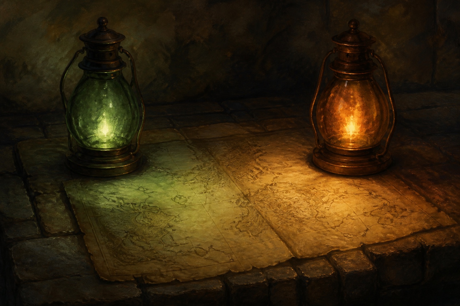 Two lanterns lighting the same map in different colors