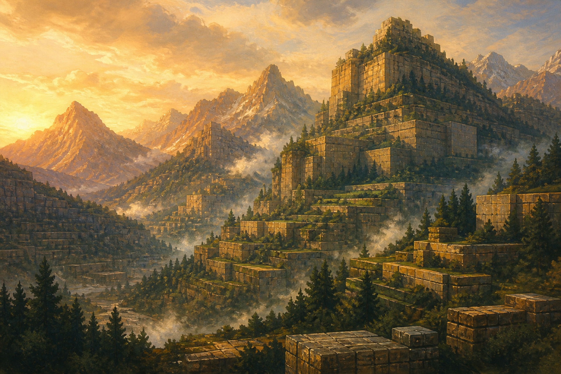 Terraced forest mountains at golden hour